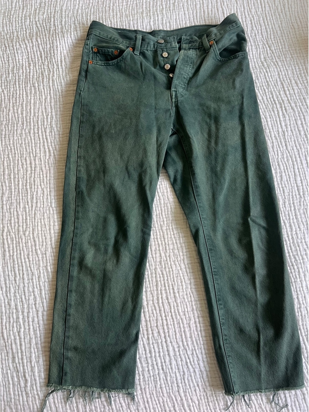 Levi's 501 Premium Green Denim Jeans with Raw Hem Size 29